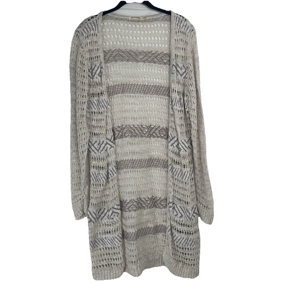 Faded Glory Open Knit Cardigan Size Large Oatmeal Striped Beachy Boho Hippie